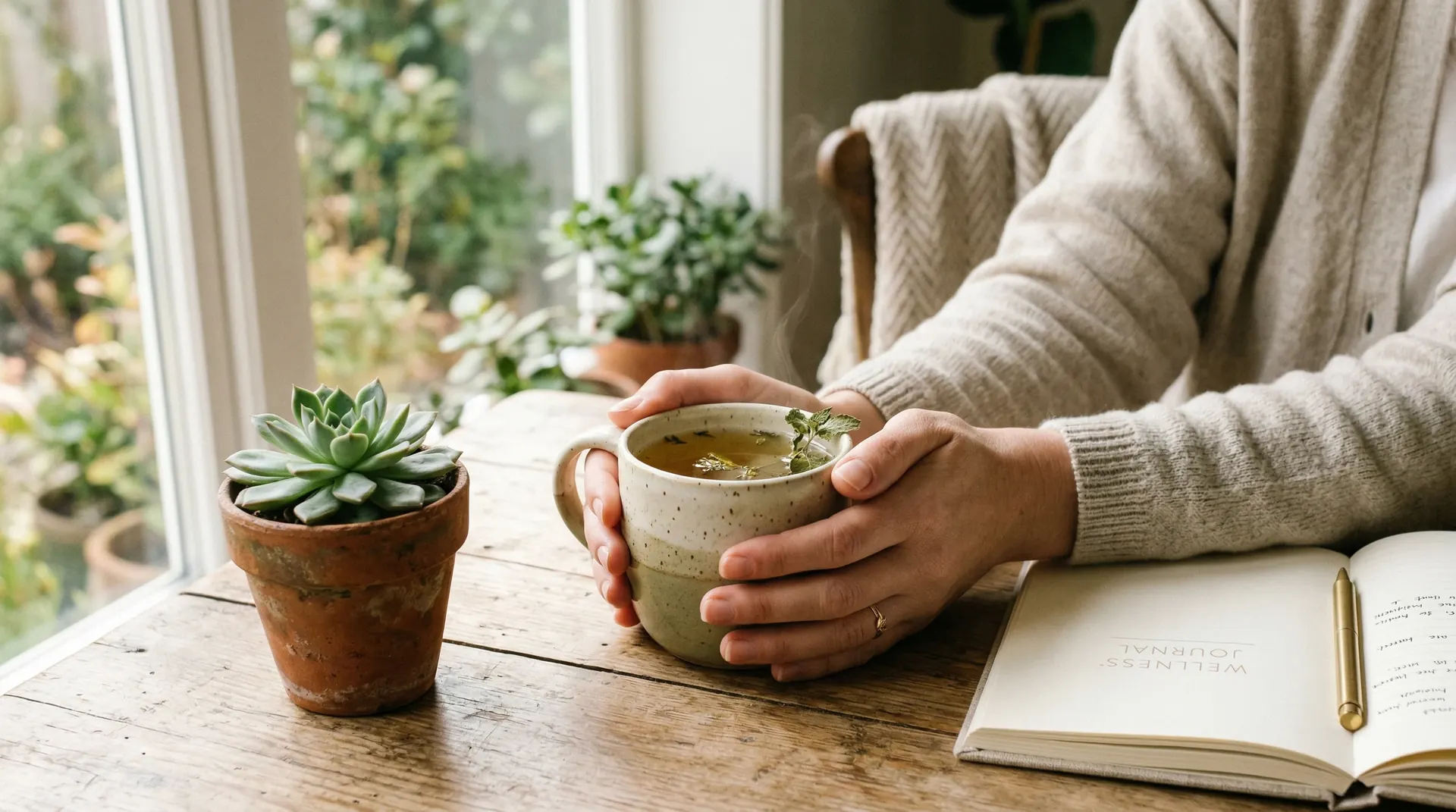 Herbal tea and journal in a peaceful wellness setting — representing the nurturing environment of medically supervised detox