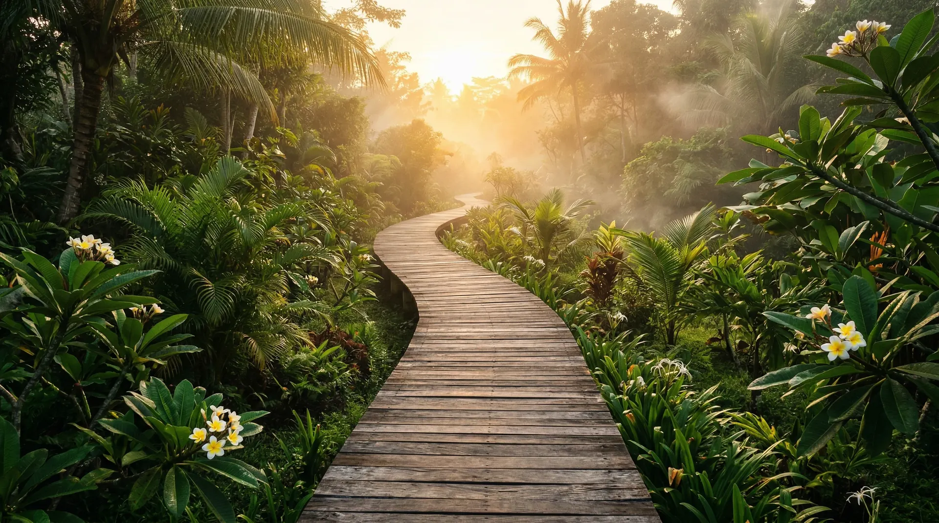 A tropical boardwalk path stretching into warm light — symbolising the journey of recovery ahead