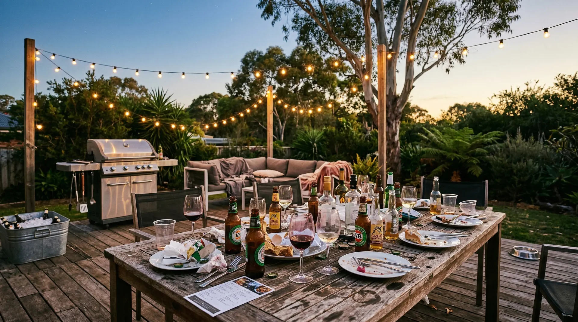 Empty bottles and glasses on an outdoor table after a social gathering — a reflection of the UK's drinking culture